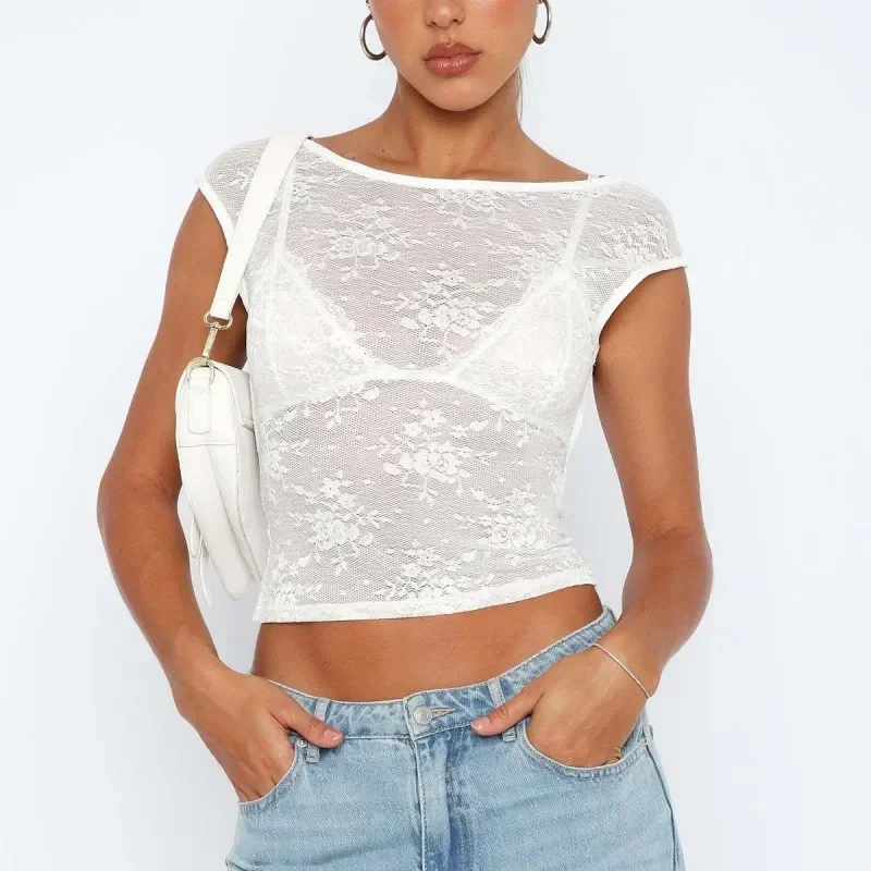 Women White Black Lace T Shirts Flower Aesthetic Clothes See Through Mesh Crop Top Short Sleeve Y2k Camisetas