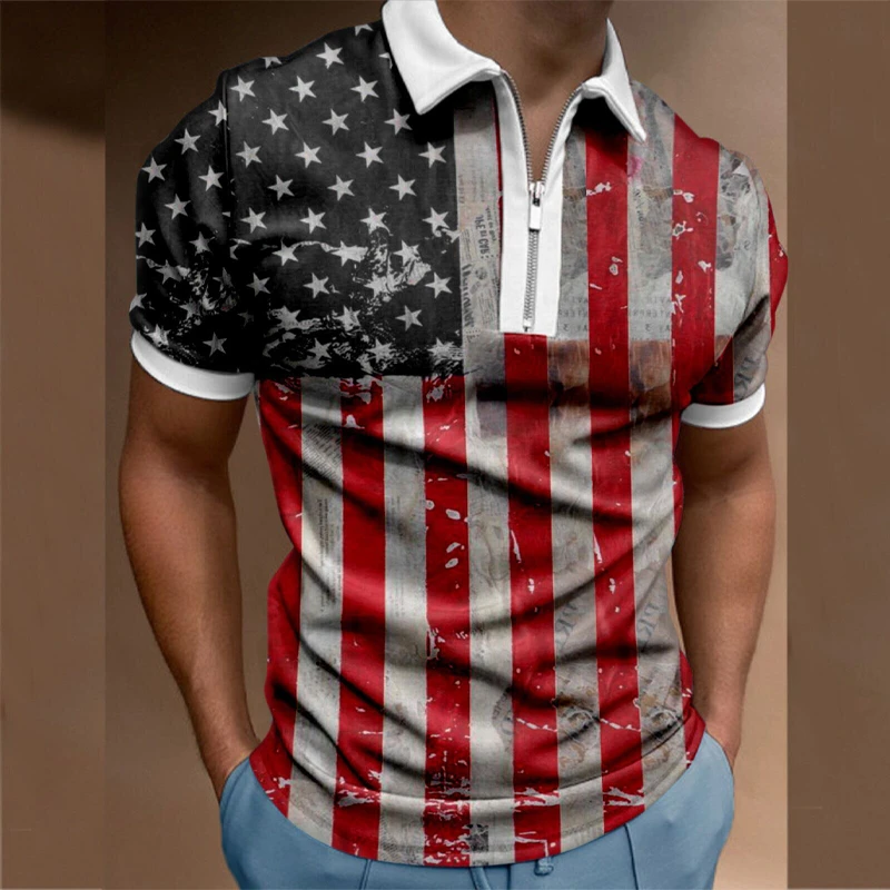 

Flag zipper 3D printed minimalist men's short sleeved POLO shirt minimalist casual short sleeved top