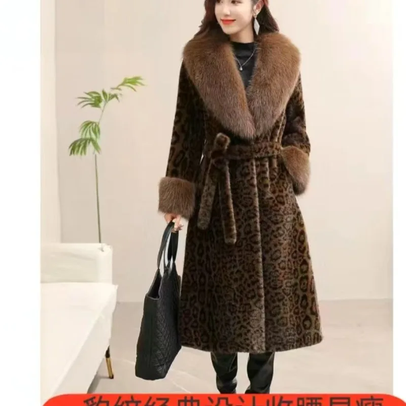 Women's Clothing New Leopard Print Long Faux Fur Coats Trench Coats One-piece Chic Winter Warm Fashion Thicken Fur Collar Belt
