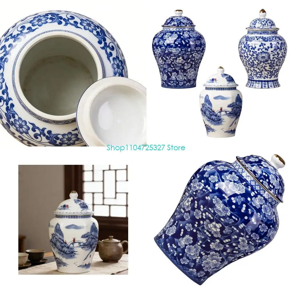 

D8KF Керамический контейнер в античном стиле с синим узором для хранения листового чая также работает как декоративная кухонная
