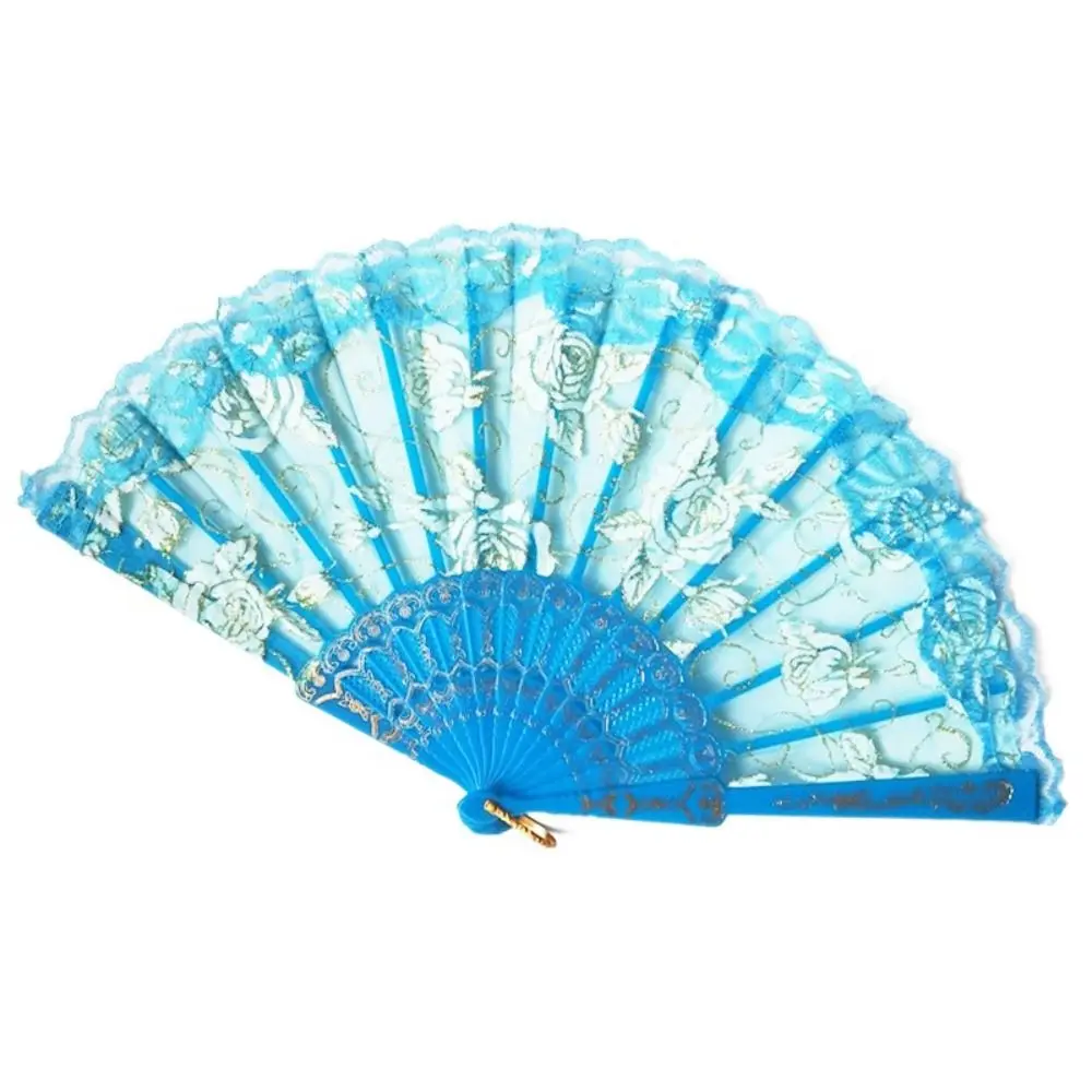 Home Decoration Handheld Ladies Lace Hand Fan Plastic Handle Translucent Folding Fan Rose Pattern Dance Fan Gift