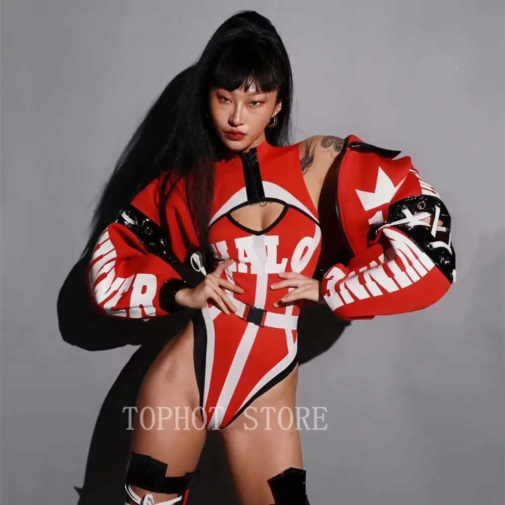 النساء الهيب هوب الجاز ملابس الرقص الأحمر رسالة سترة ارتداءها سحب الملكة زي حفلة الهذيان الزي ملهى ليلي بار عرض المرحلة ارتداء