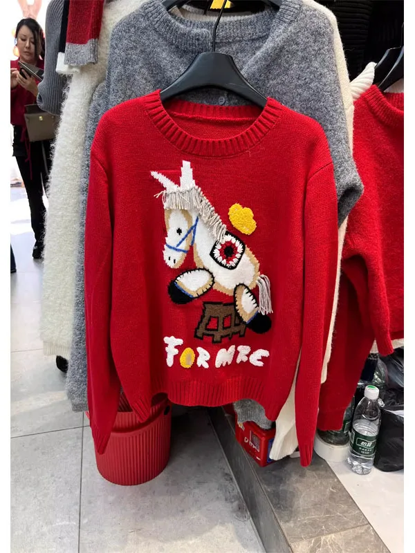 

Свободный длинный свитер с круглым вырезом Ne, женский красный вязаный свитер с мультяшным узором, повседневный удобный модный корейский топ
