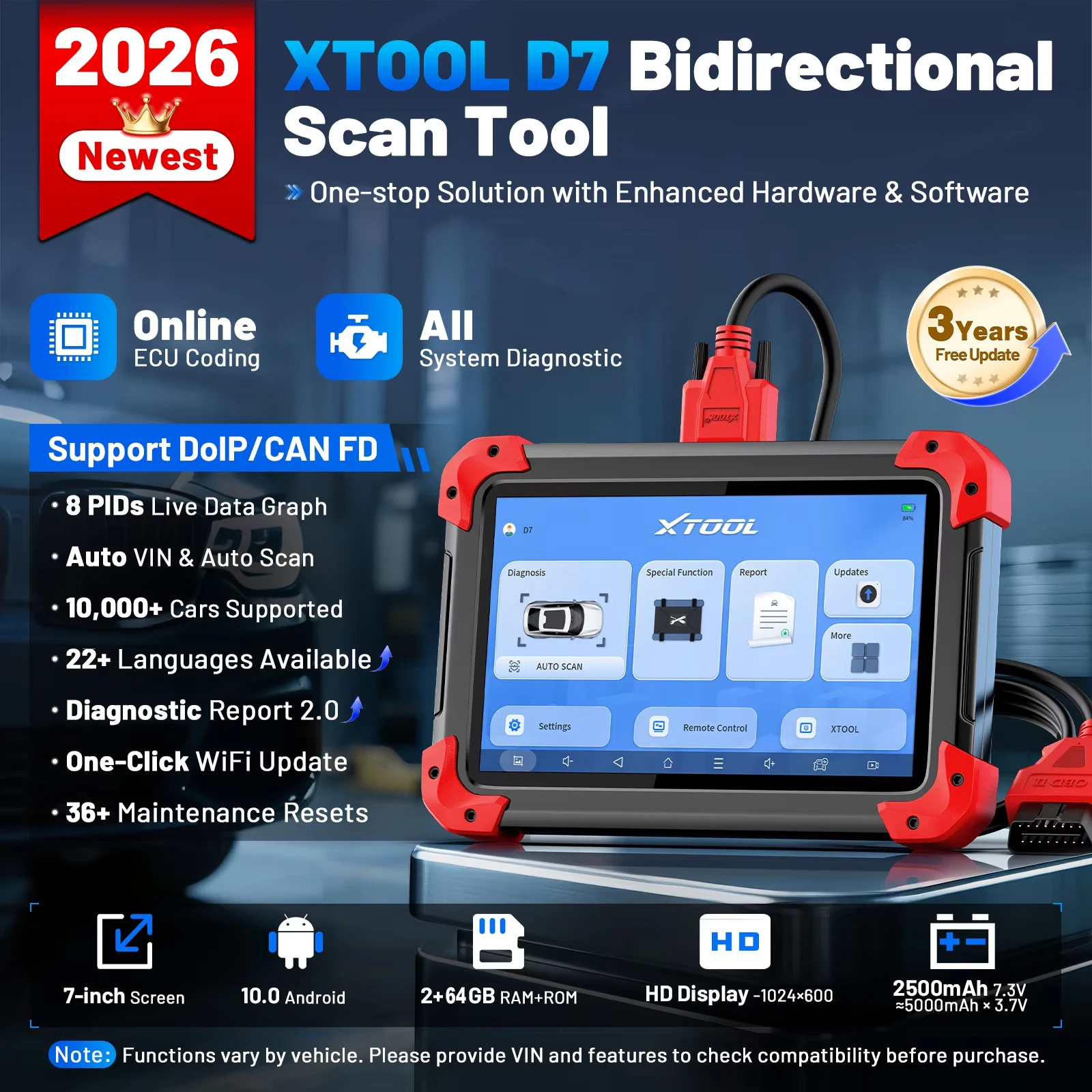 XTOOL D7 All Systems Car Diagnostics Tool Bidirectional Scanner 36+ Reset ECU Coding Key Programmer with CANFD/DOIP/FCA OBD2 Sca
