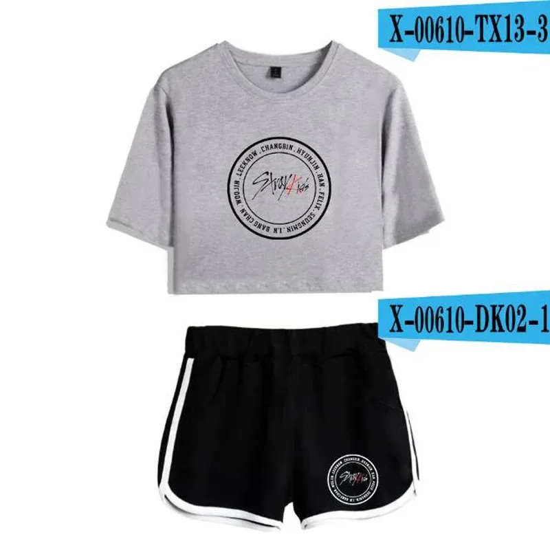 Conjuntos de verano para mujer estilo coreano KPOP Stray Kids 4MJK8E64 Top corto de manga corta + Pantalones cortos trajes deportivos chándales de dos piezas para mujer