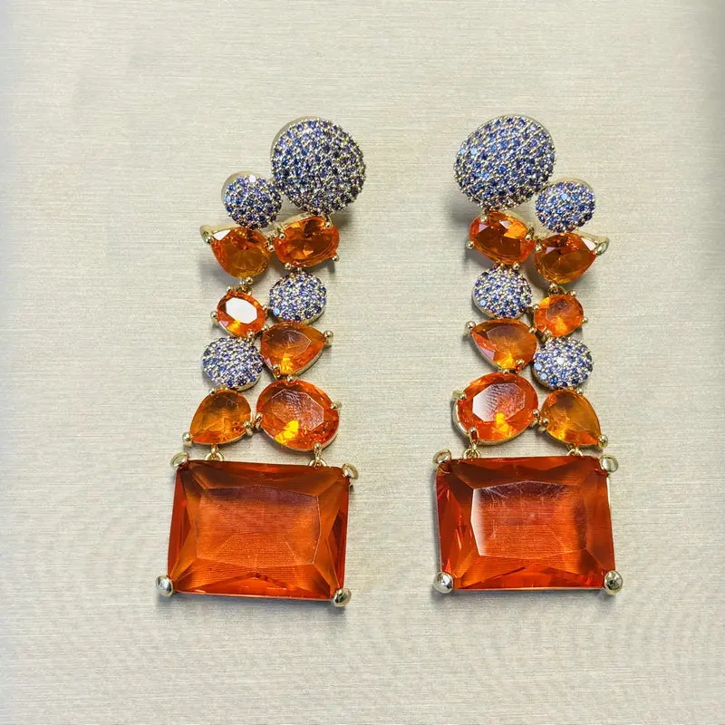 Bilincolor Big Orange Red Cubic Zirconia Earring for Women Wedding Party