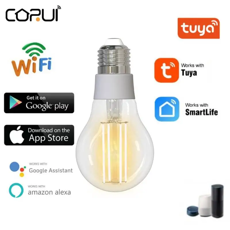 

Умная лампа накаливания CORUI Tuya с Wi-Fi, 7 Вт, светодиодсветильник лампа E27 с регулируемой яркостью, 2700K-6500K Smart Life, Alexa, Google, голосовое управление