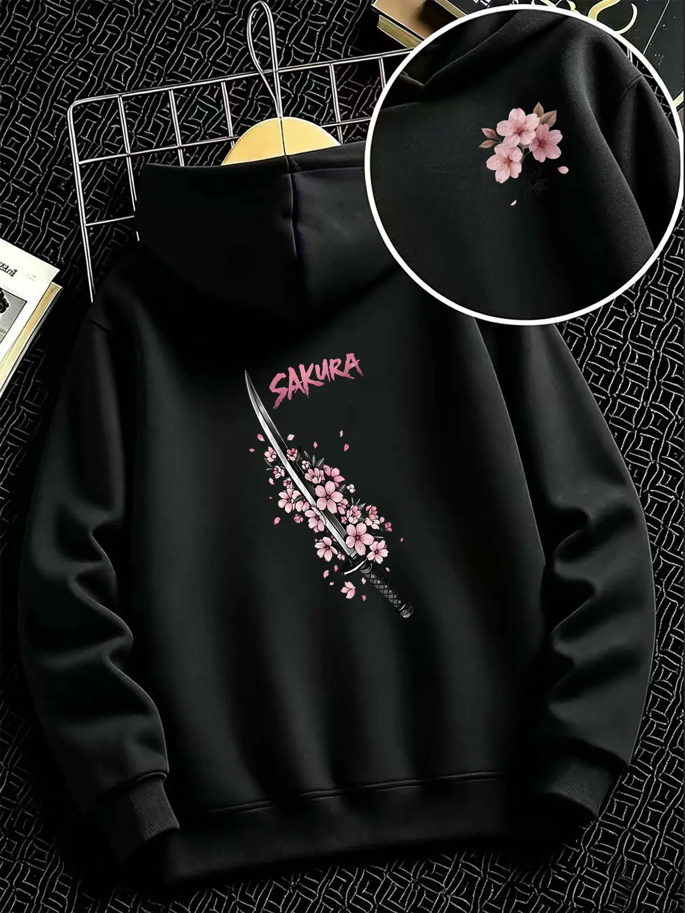 Back-to-school season black hoodie, unisex, long-sleeved children's sweatshirt, cherry blossom samurai sword print.