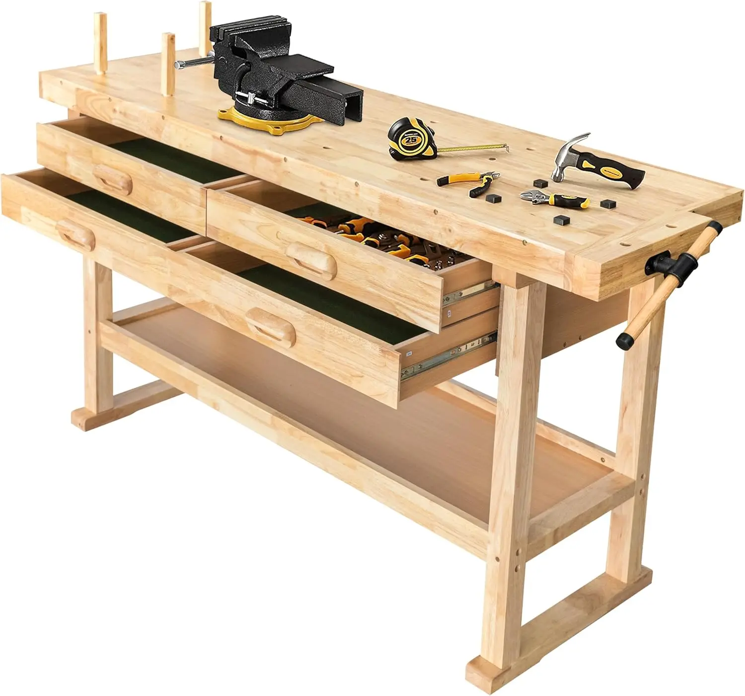 60-Inch Wooden Workbench - Rubberwood Workbench with 4-Drawer, 450lbs Weight Capacity - Perfect Workbench for Gara