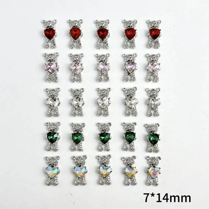 

10PCS 3D Luxury Alloy Bear Nail Art Decorations Colorful Heart Glass Diamond Bear Nail Charms for Making DIY Manicure Supplies