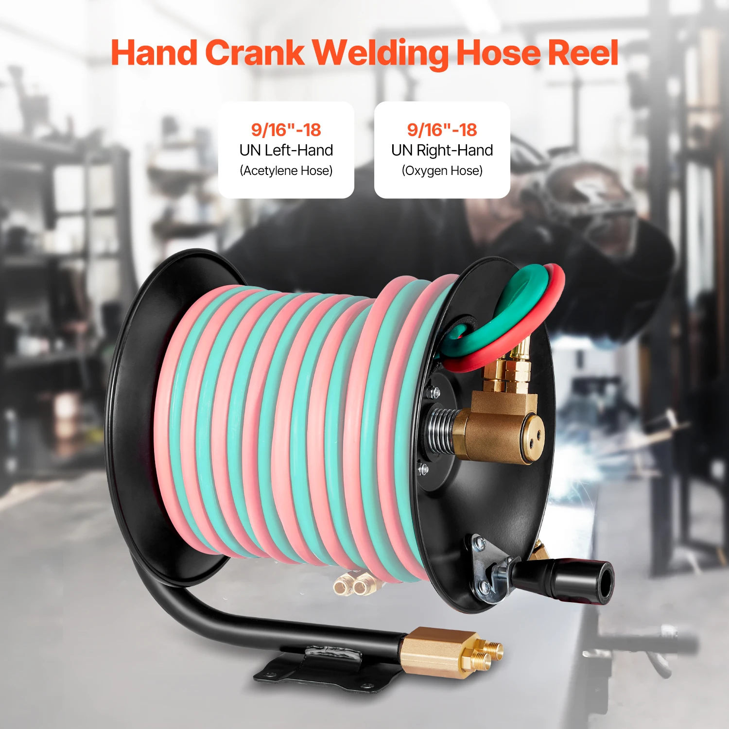 VEVOR Welding Hose Reel Hand Crank Rewind Hose Reel with 3FT Lead-in Hose Ceiling/Wall Mount Heavy Duty Steel Reel for Workshops