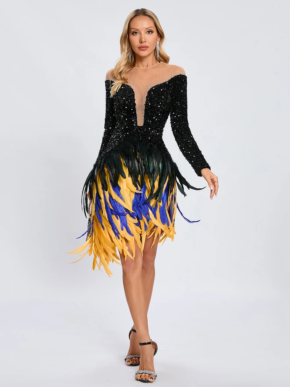 Modphy Luxury Birthday Women’S Feathers Sequin Strapless Mesh Long Sleeves Bodycon Mini Dresses Sexy Club Party Night Prom Robe