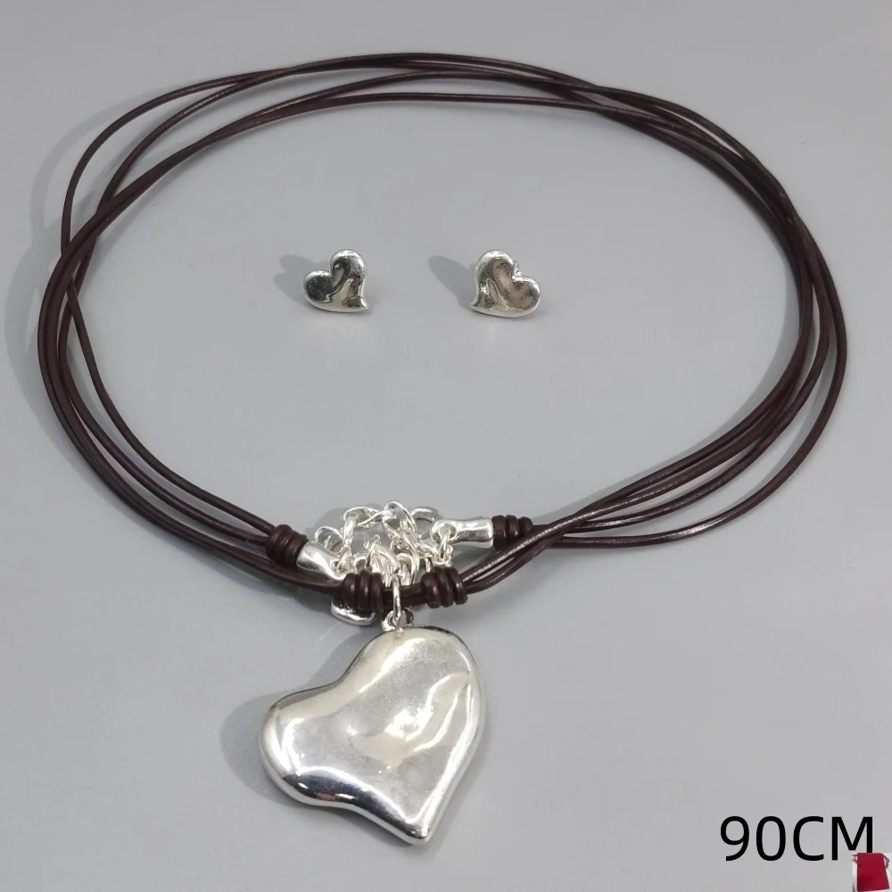 2026 Spain Minimalist Ins Style Gold Silver Heart shaped Earrings Leather Rope Necklace Jewelry Set Surprise Gift