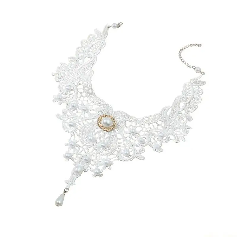 31BF Kanten choker kettingen Gothic Steampunk Kanten chokers met kristallen halsketting Kraag Vampieren Choker Vintage dikke