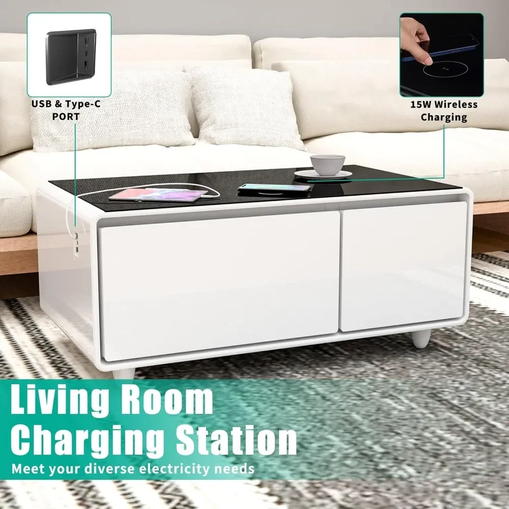 Mesa de centro inteligente con frigorífico y Bluetooth, mesa de frigorífico inteligente con altavoces duales, cargador inalámbrico de 15 W Blanco-LT90 Pro