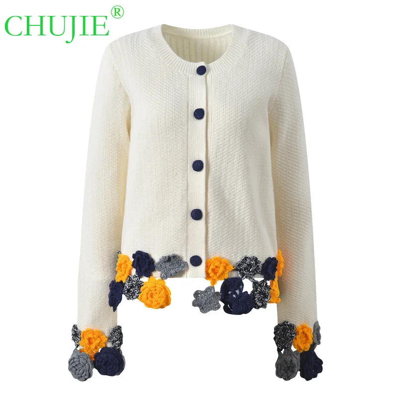 

CHUJIE 2022, осенний новый дизайн, милый стиль, вязаный крючком ручной работы, модный вязаный кардиган с круглым вырезом, куртка