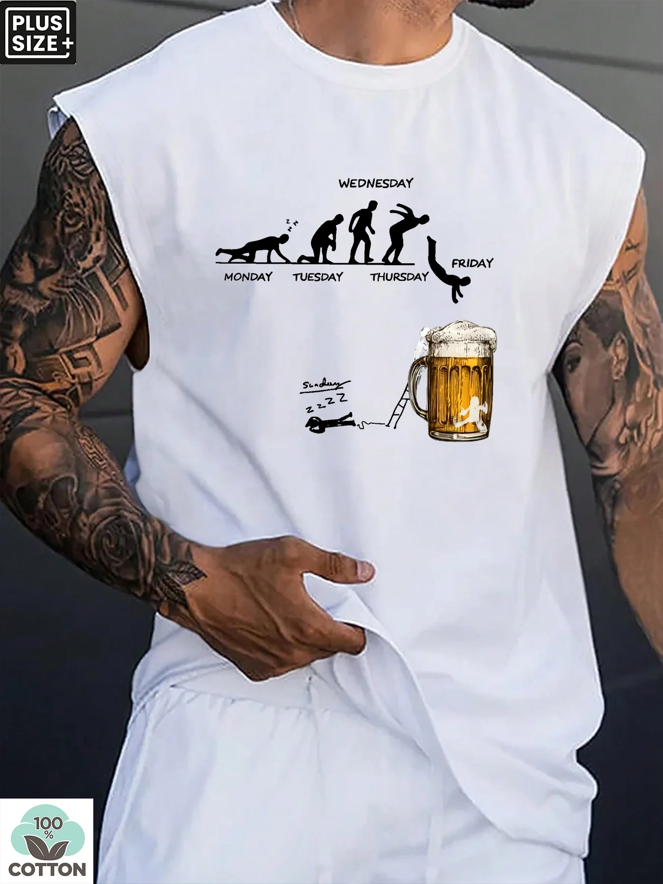 

Men's cotton drop-shoulder round-neck t-shirt with "beer man" print, suitable for all seasons throughout the year.
