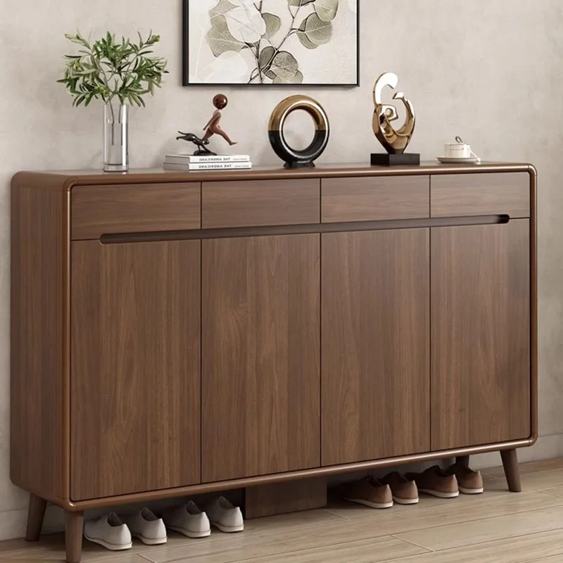 Chinese Style Solid Wood Combination Coat Rack Shoe Cabinet with Shelf Entryway Room Divider Storage Organizer Walnut Color