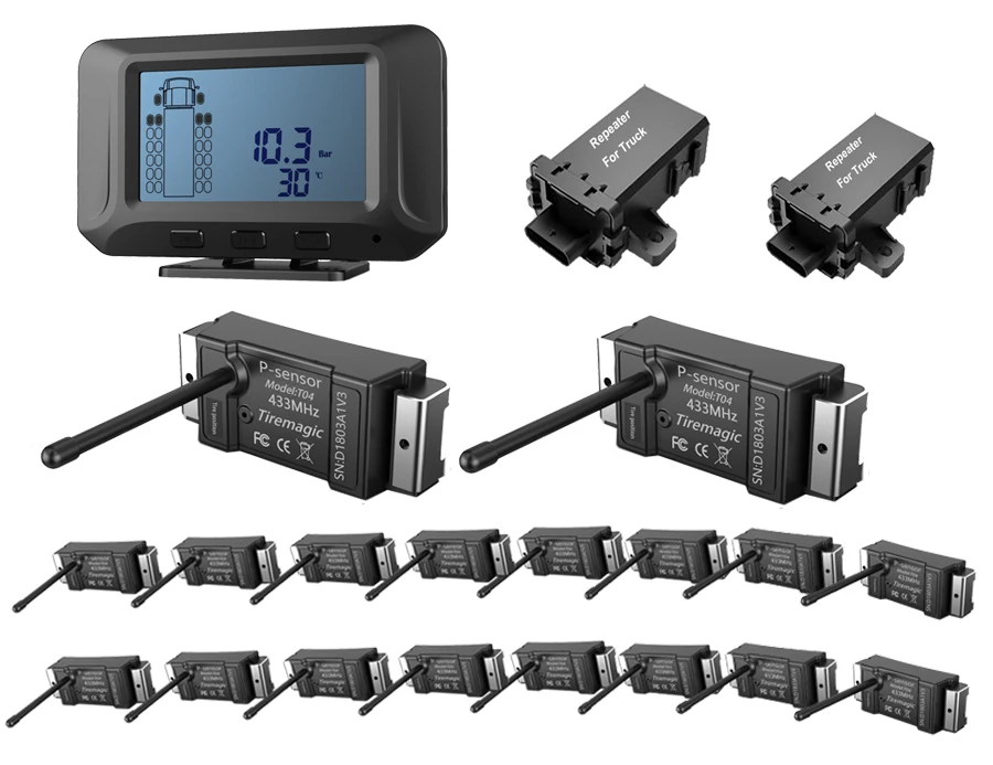 

Высококачественная беспроводная система контроля давления в шинах TIREMAGIC TD21-18 для грузовиков с 18 колесами, RS232, 24В, сертифицированная CE/FCC/RoHS