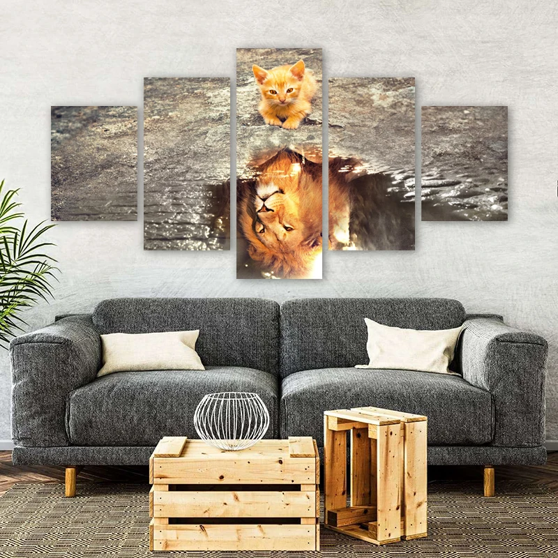 5 Panels Cat Lion Posters Canvas Prints Animal Painting Cuadro Wall Art Picture For Living Room Modern Home Decoration No Frame