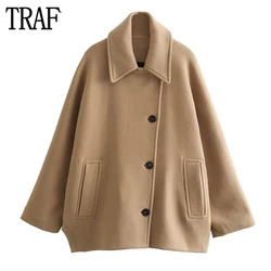 TRAF Faux Wool Long Coat for Women Winter Oversized Jacket Women Long Sleeve Button Jacket Woman 2024 Streetwear Warm Outerwear