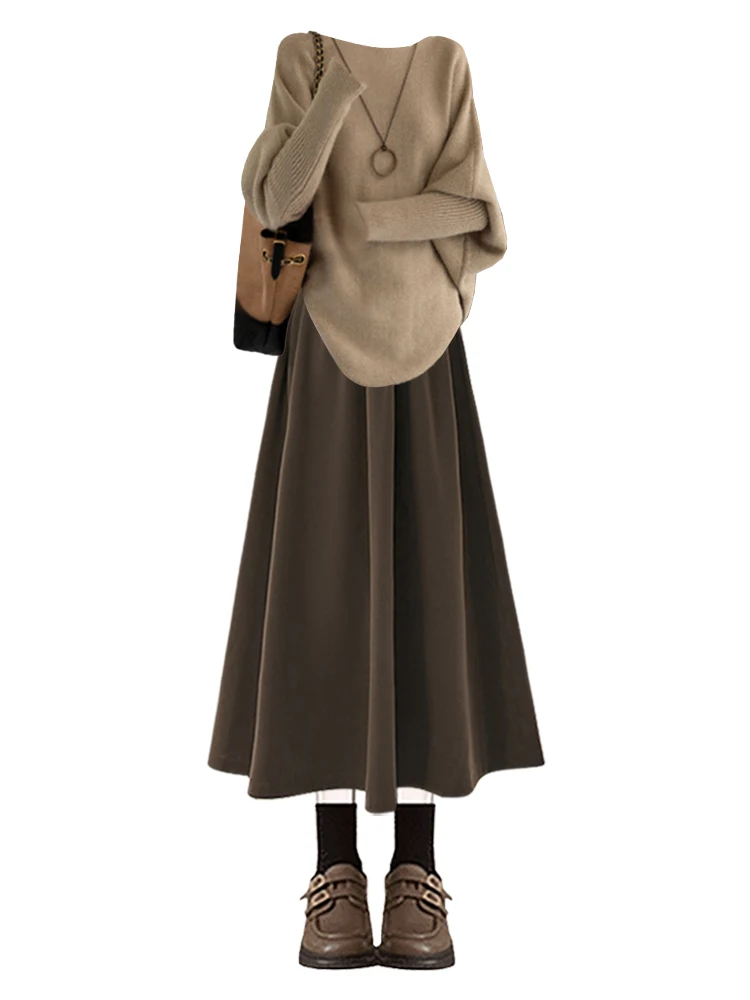 Ele mat Women's Autumn Winter Sweater Skirt Set Slimming High-End Feelings Faionable Two-Piece Ensemble