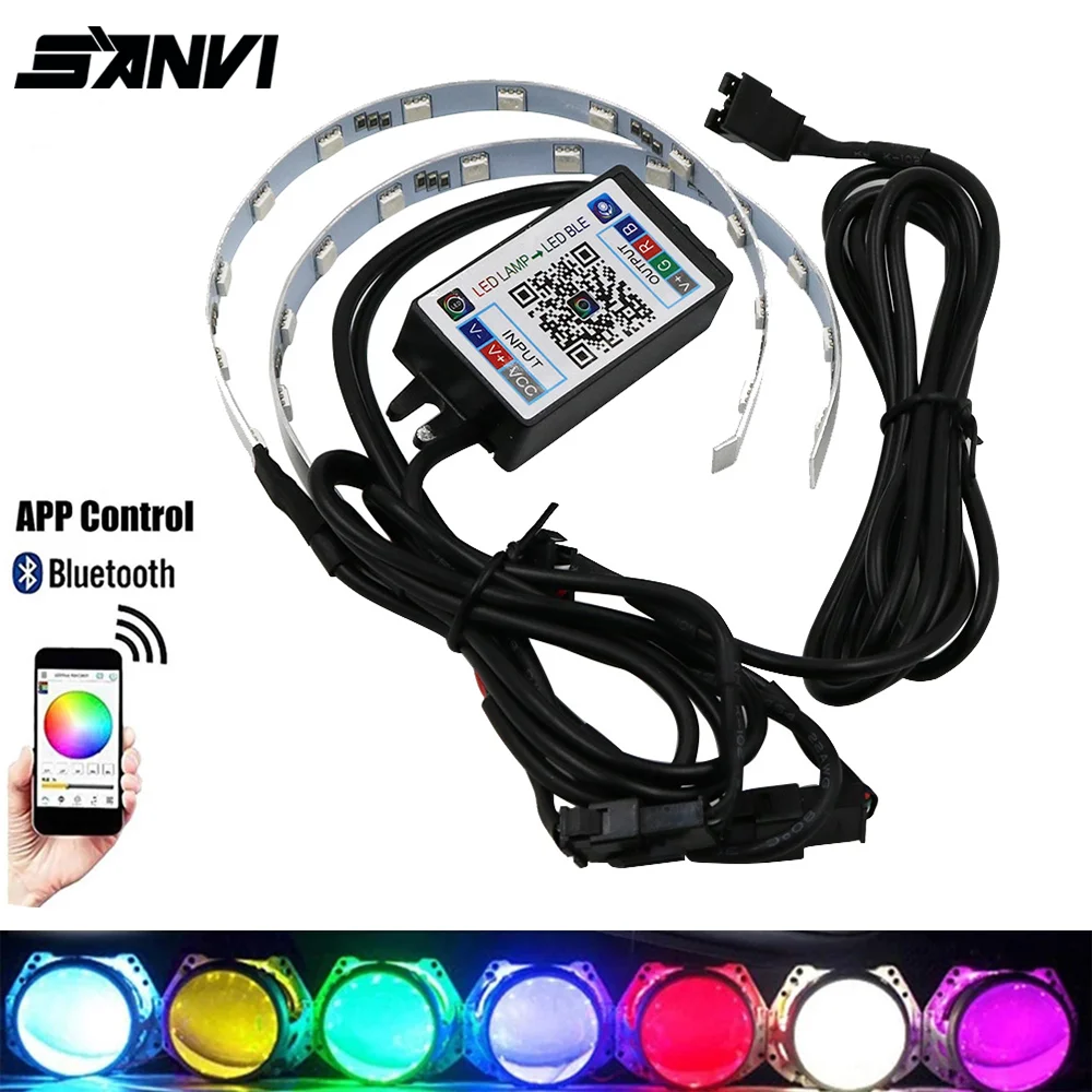 

SANVI 360-градусный светодиод Devil Eyes RGB APP Bluetooth-управление для 2,5-дюймового 3,0-дюймового объектива проектора Автомобильный аксессуар Angel Eye DRL