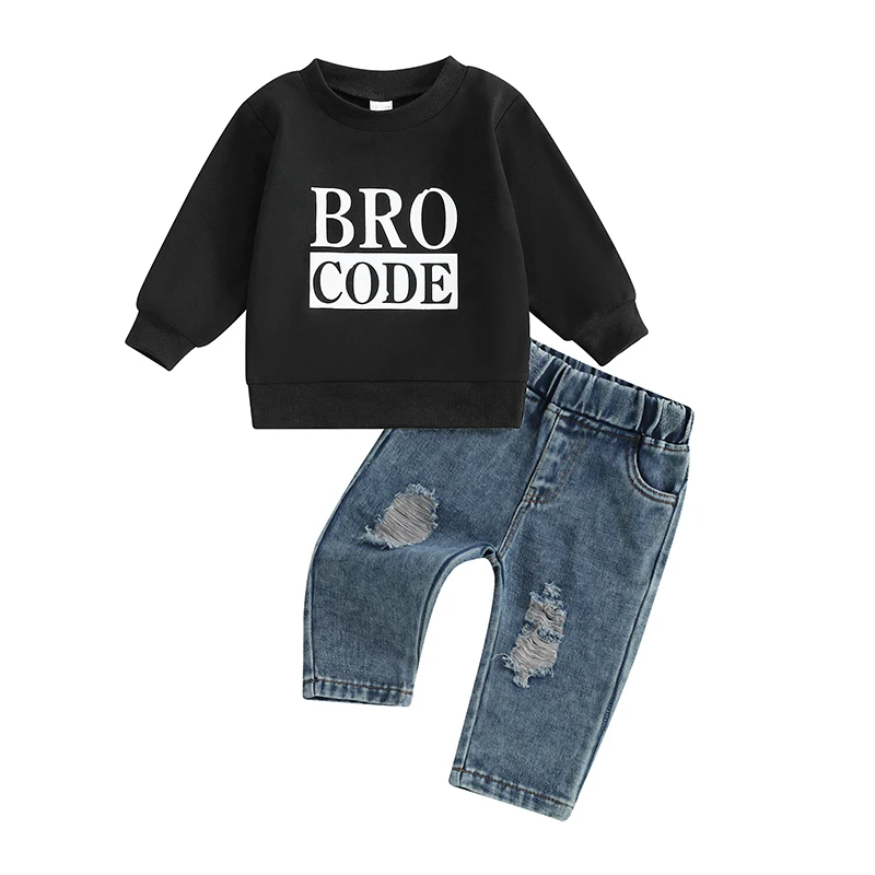 Baby Boy Fall Outfit Letter Print Long Sleeve Sweatshirt Elastic Waist Ripped Denim Pants 2 Piece Set