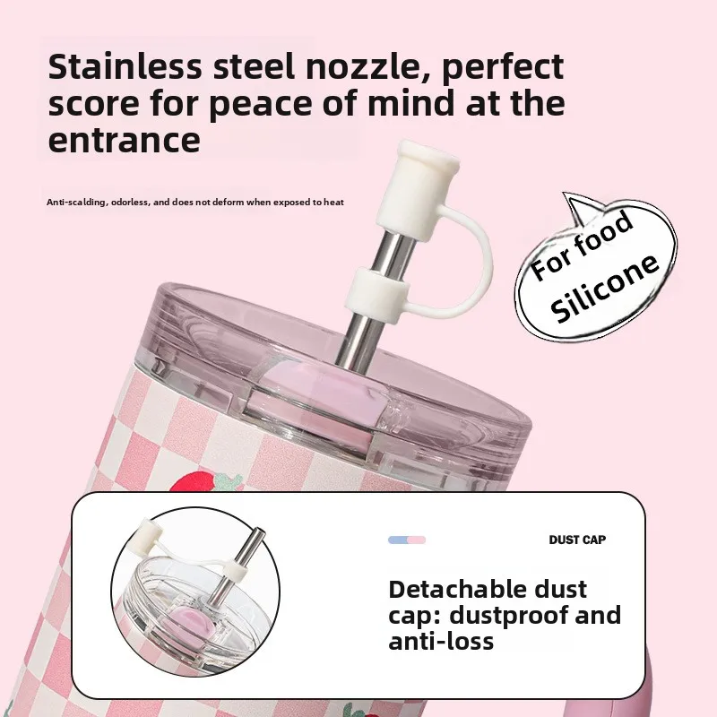 Cartoon stainless steel thermos cup, high-value straw cup for girls, large-capacity handle ice Two-colorcuptwo pieces