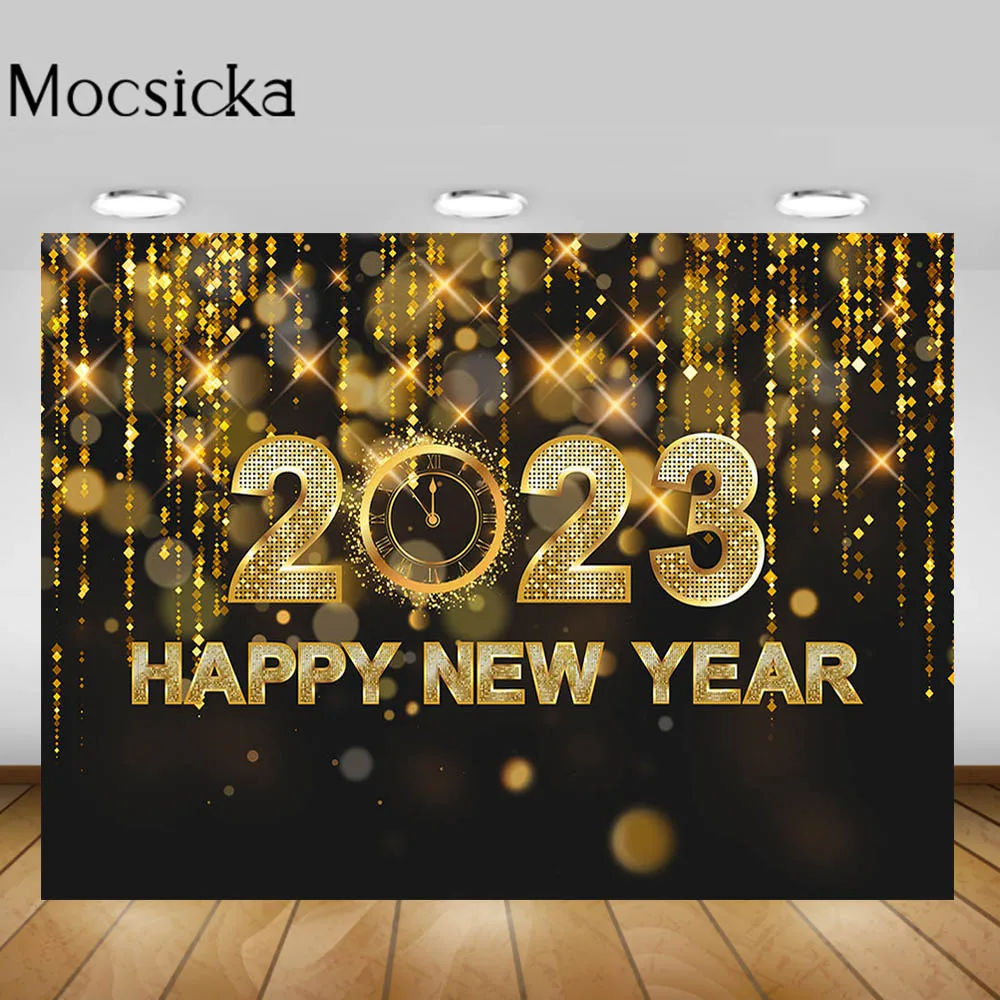 

Mocsicka 2023 Happy New Year Backdrops Photography Golden Glitter Sequins Clock New Year Eve Party Photo Background Decor Banner