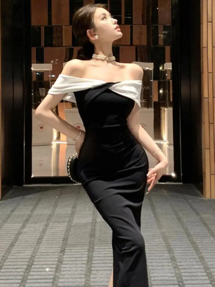 French Summer New Black White Patchwork Sexy Club Elegant Vacation Slip Dress Women Off Shoulder Wrap Hip Pleated Long Dresses