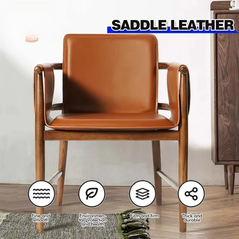 

#Italian Saddle Leather Solid Wood Dining Chair Designer Home With Armrests Study Chair Scandinavian Simple