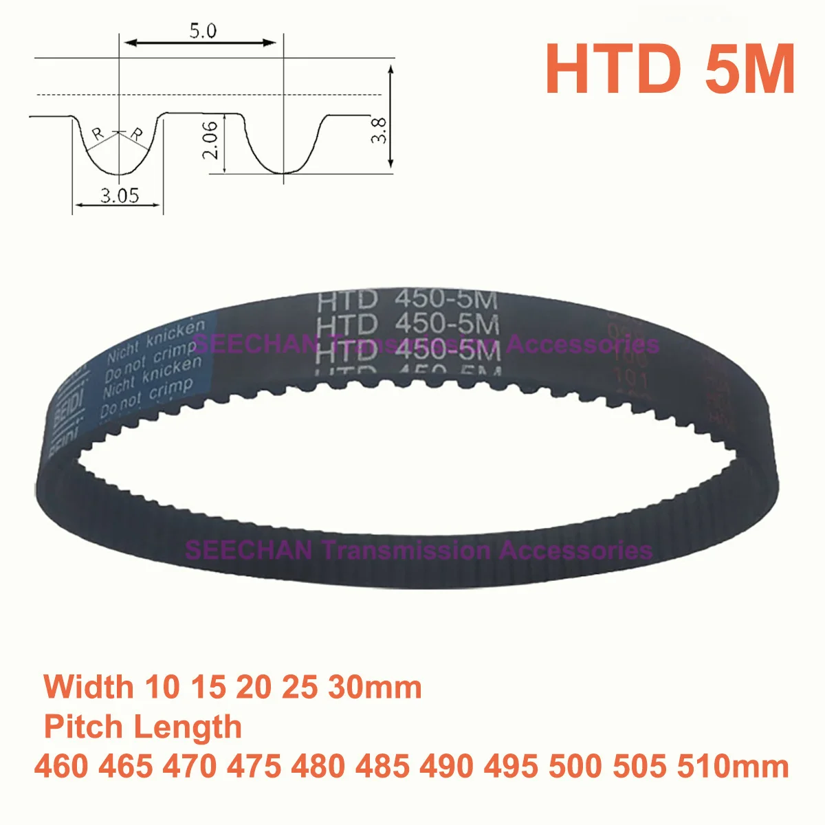 

HTD 5M Rubber Timing Belt Width 10 15 20 25 30mm Synchronous Belt Pitch Length 460 465 470 475 480 485 490 495 500 505 510mm