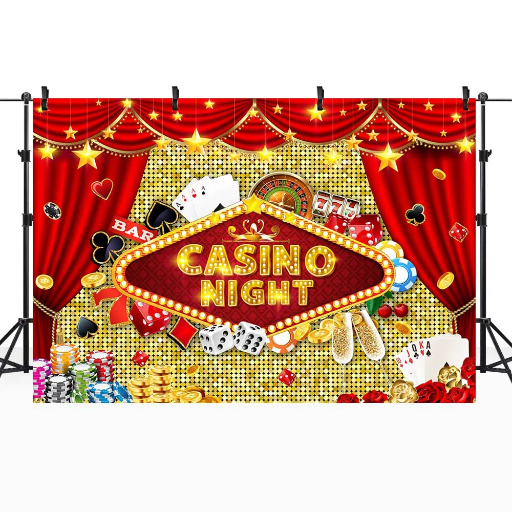 Mocsicka คาสิโนกลางคืนฉากหลังถ่ายภาพติดผนังเลื่อมสีทองสีแดงลูกเต๋าโป๊กเกอร์สำหรับผู้ใหญ่วันเกิดรูปภาพปาร์ตี้