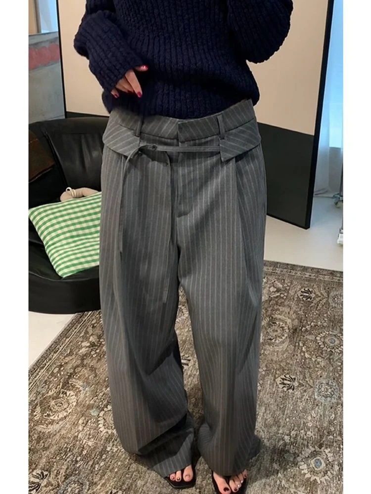 

HOUZHOU Korean Style Striped Suit Pants Women Harajuku Gray High Waist Baggy Trousers Casual Straight Wide Leg Pants Streetwear
