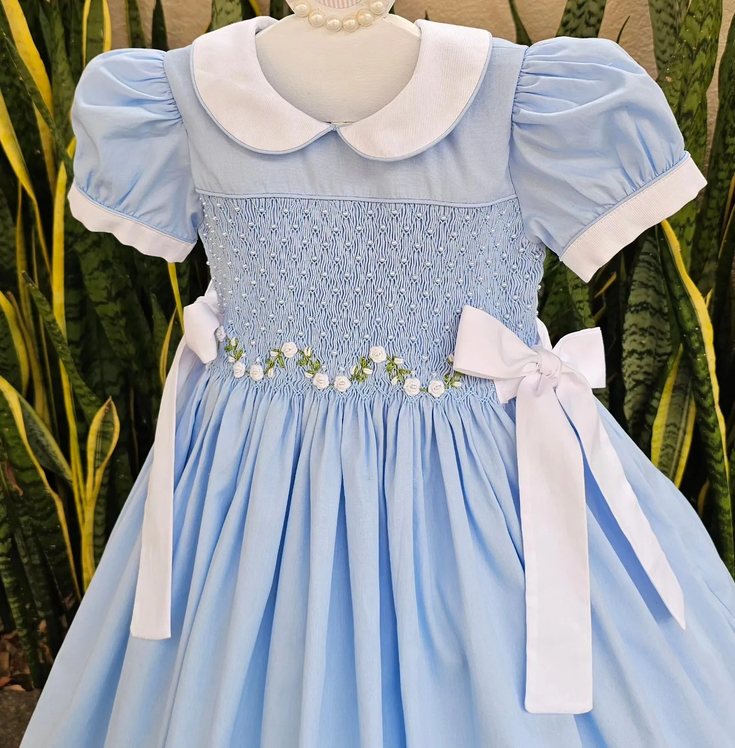Summer Baby Girl Light Blue Hand Smocked Dress Puff Sleeve Floral Embroidery Side Bow for Birthday Party Holiday A415