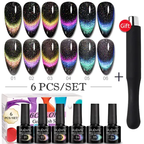 PUENTE Double Light Reflective Disco Flashing Cat Magnetic Gel Nail Polish Set Sparkling Rainbow Cat Eye Soak Off UV Gel Varnish