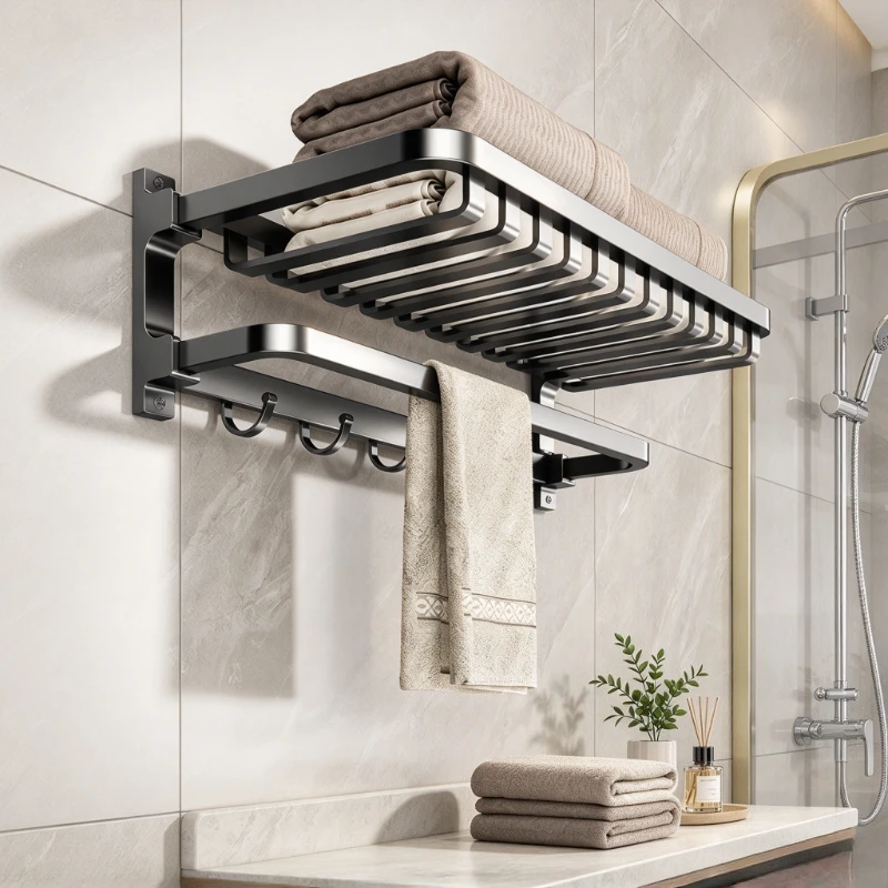 Foldable Bathroom Towel Rack, Wall Mounted Storage Basket with Large Capacity and Rust Resistant Design for Home Use