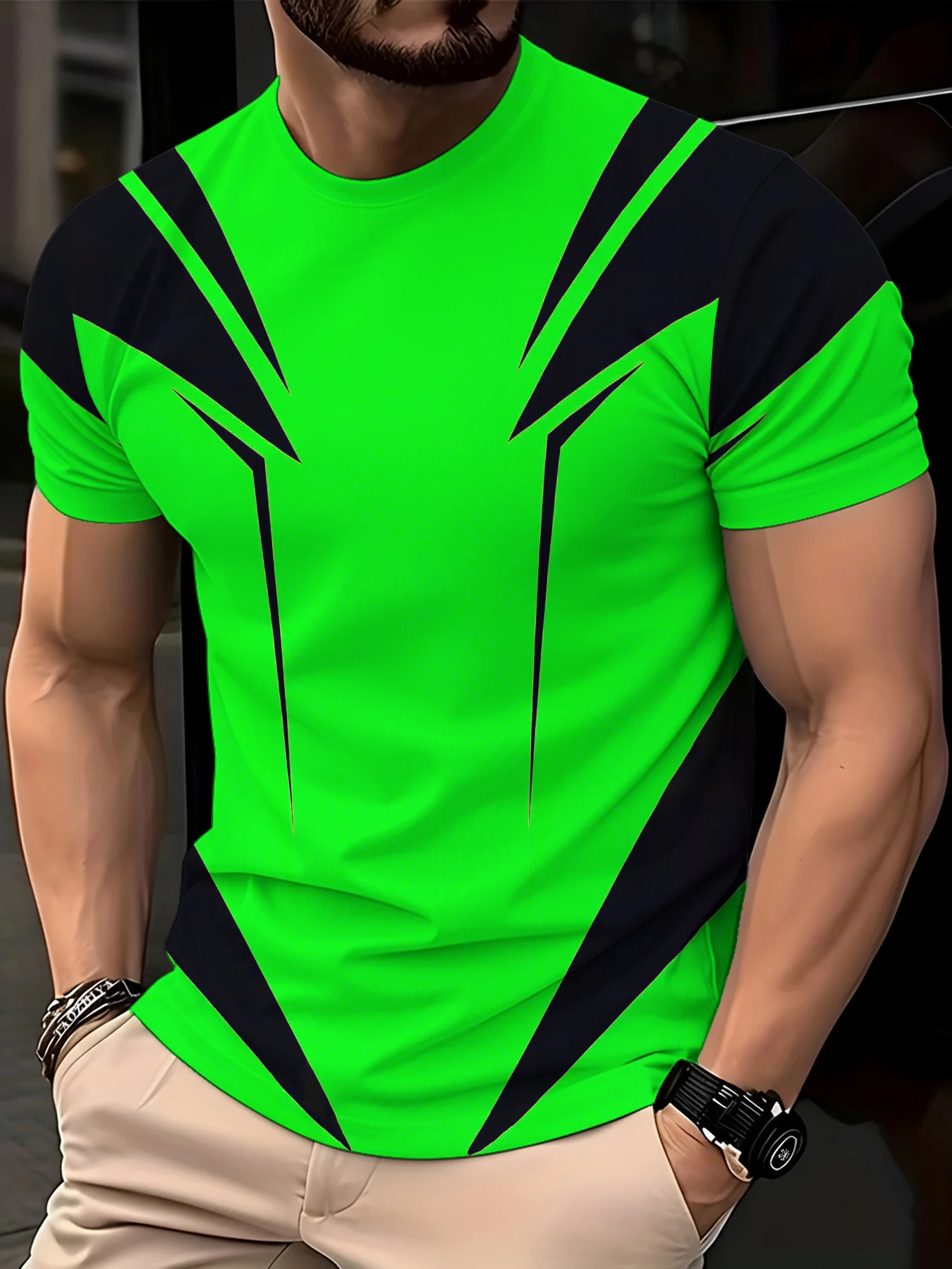Neon Green Black Geometric Panel Sport Tee Crew Neck Quick Dry Fitness Top