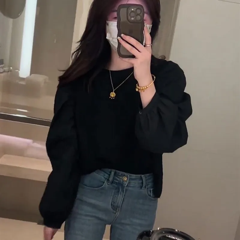 خريف 2025 تي شيرت نسائي طويل أنيق بتصميم فقاعي مريح كاجوال Sle لون نقي مادة أخرى 00% #4