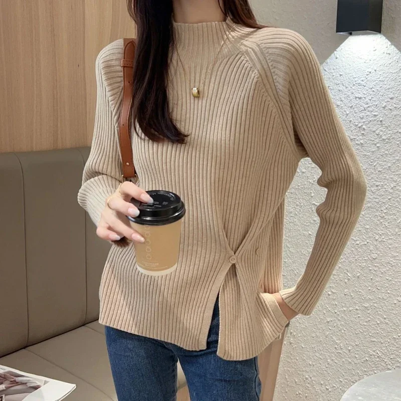 Knit Tops for Woman Winter Button Turtleneck Women's Sweater Gigh Neck Jerseys Pullovers Jumper Cold Y2k Vintage Modern Jersey