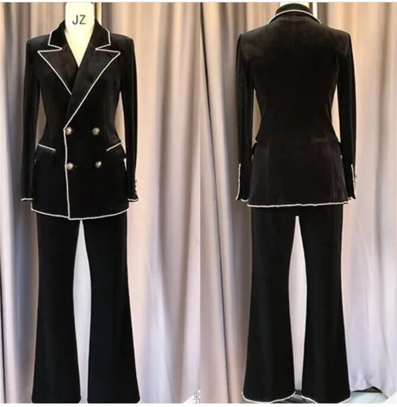 

Black Velvet Women Suit Set 2 Pieces Crystal Blazer+Pants Formal Wedding Tuxedos Jacket Custom Made Office Lady женский костюм