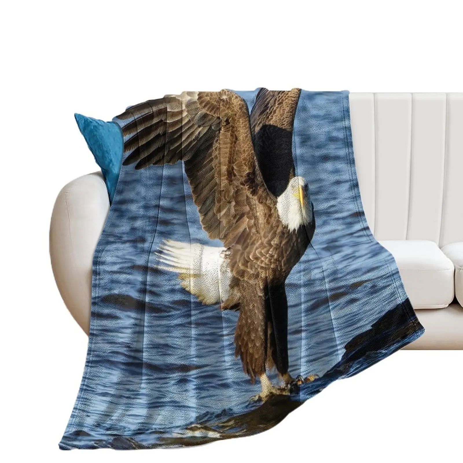 

Bald Eagle landing in river Throw Blanket Loose Camping Blankets