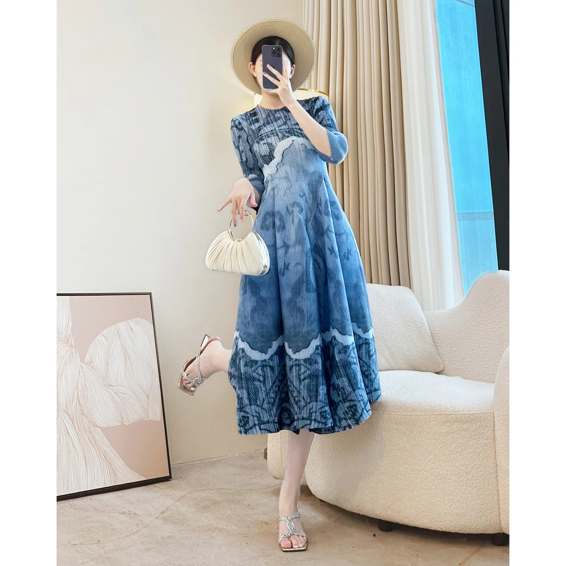 الراقية مياكي نمط مطوي فستان للنساء 2025 الخريف جديد تنوعا فضفاضة كبيرة الحجم المرأة زهرة برعم مطوي تنورة العصرية