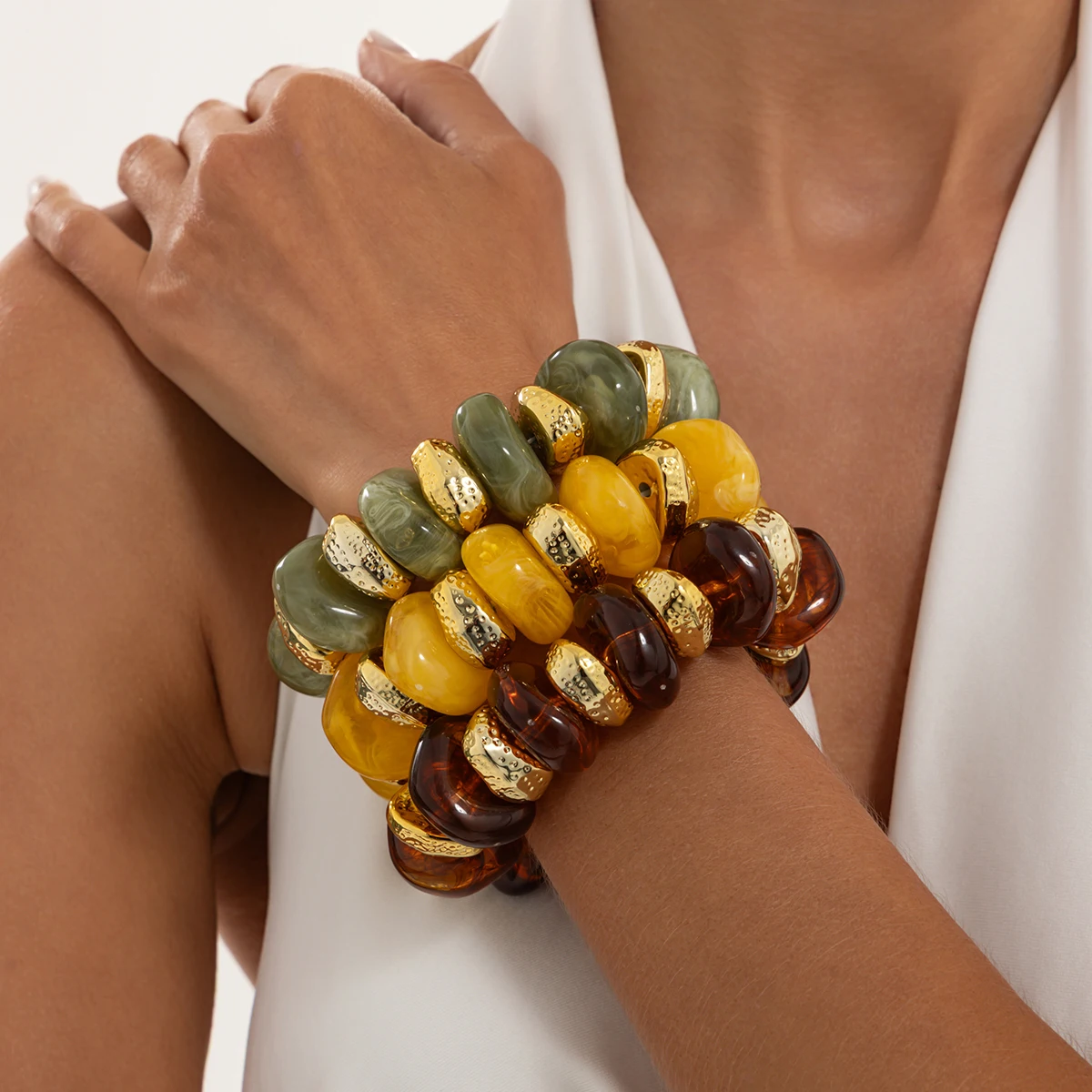 Ingemark Retro Buntes Dickes Harz-Acryl-Perlenarmband für Damen, Übertriebenes Mehrschichtiges Stapelbares Elastisches Armband, Party-Schmuck – Detail 2