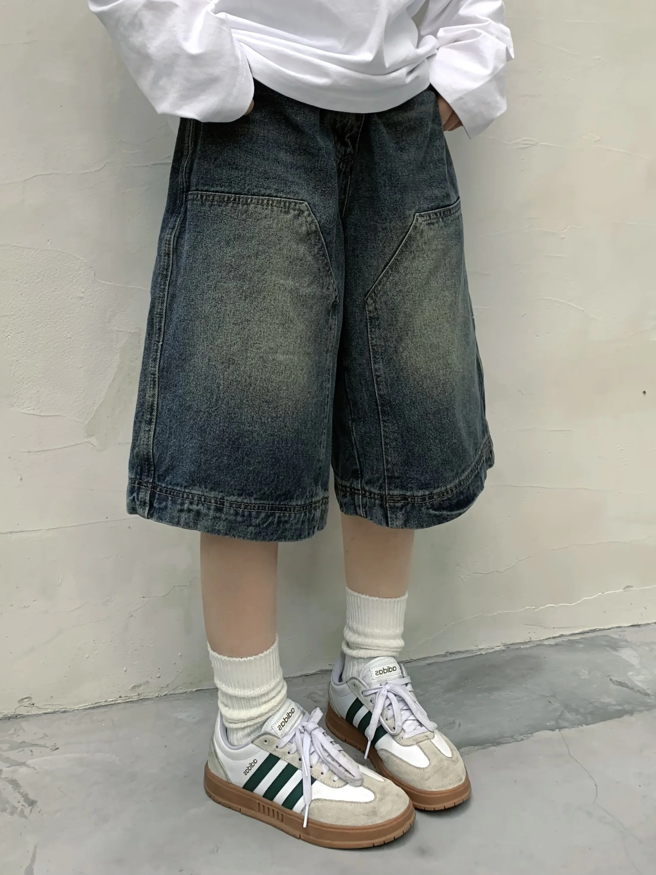 

American Retro Waed Denim orts Loose Wide Leg Casual Summer Jeans for Men And Women Youth Faion Seven-Foot Pants