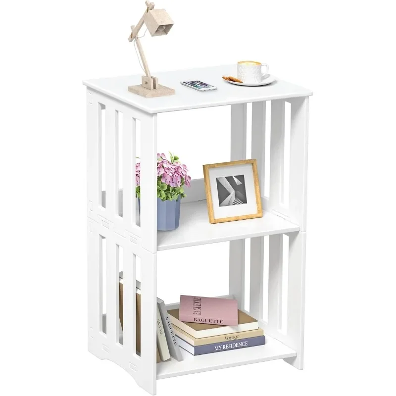 3 Level Nightstand White, Narrow Side Table with Storage Shelf, Small Bookshelf Nightstand