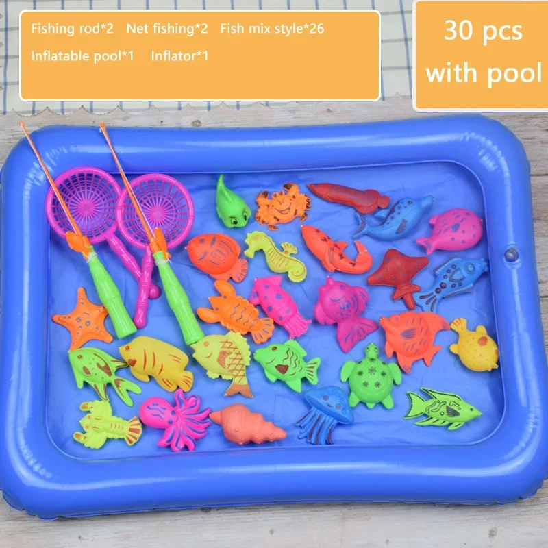 30Pcs Children Magnetic Fishing Toy Playing Water toys Fish Rod Net Set For Kids Outdoor Game Toy With Inflatable Pool Inflator