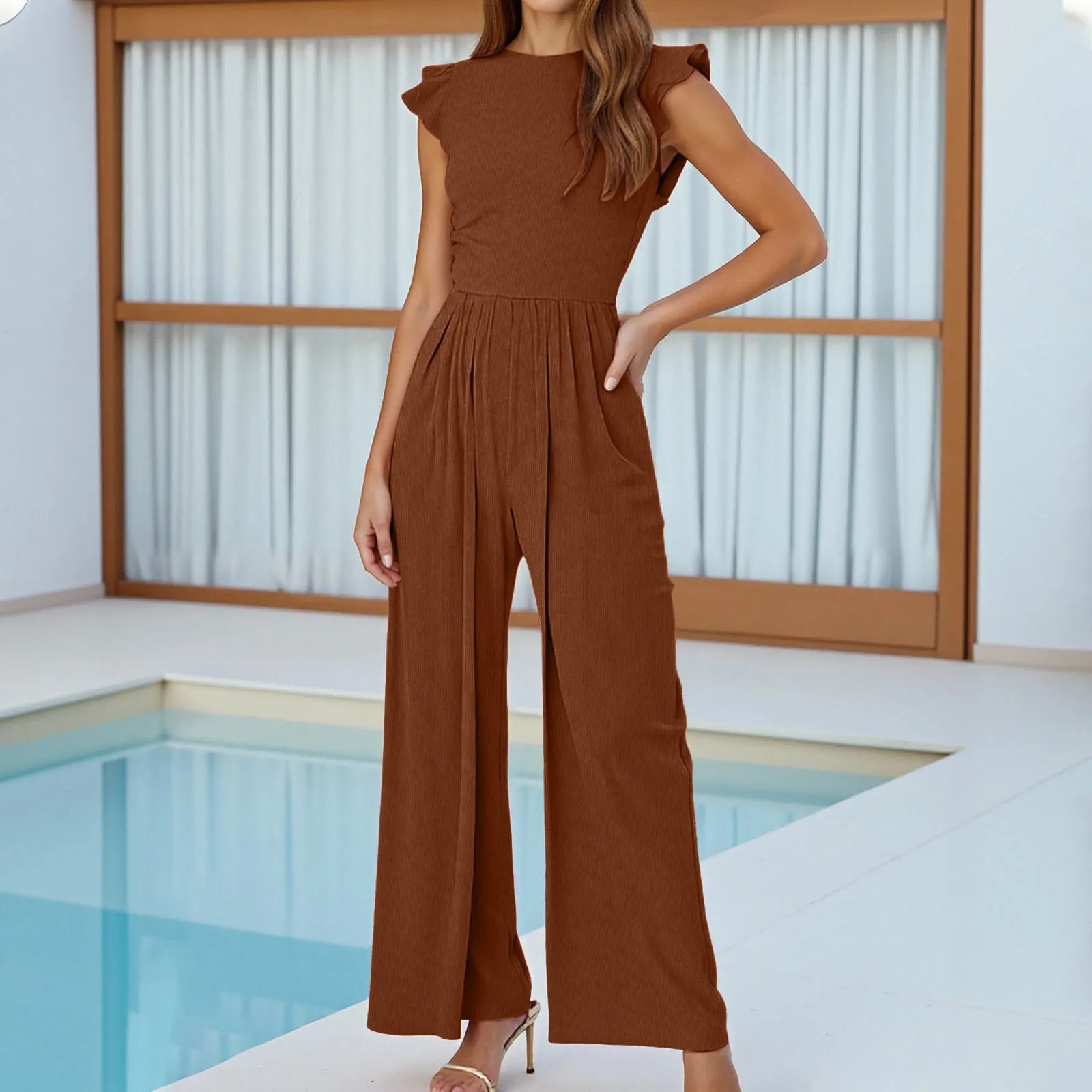 

Women's Jumpsuit Vacation Casual Style Waist Fly Sleeve Wide Leg Jumpsuit Street Fashion Simple Casual Jumpsuit Office Lady 2025