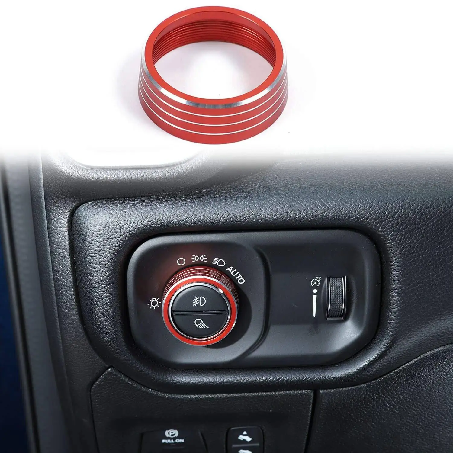 for Dodge RAM 2018-2020 Aluminum Central Control Headlight Switch Knob Cover Trim Decorative Ring Accessories, Red